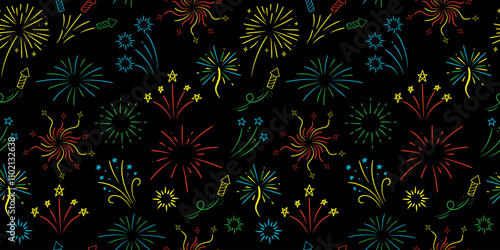 Colorful fireworks with stars and sparks on black background. Vector seamless pattern.