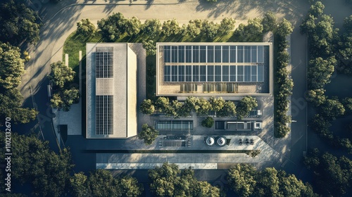 Micro-grid Renewable Energy Generator System: Overhead Perspective on Clean Technology and Infrastructure Integration in Ultra-High Resolution Commercial Photography.