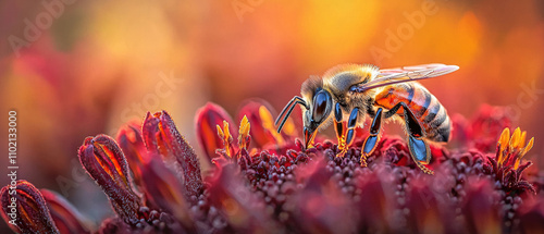 close up of honeybee on vibrant flowers, showcasing intricate details and colors. bee is actively collecting nectar, highlighting beauty of nature