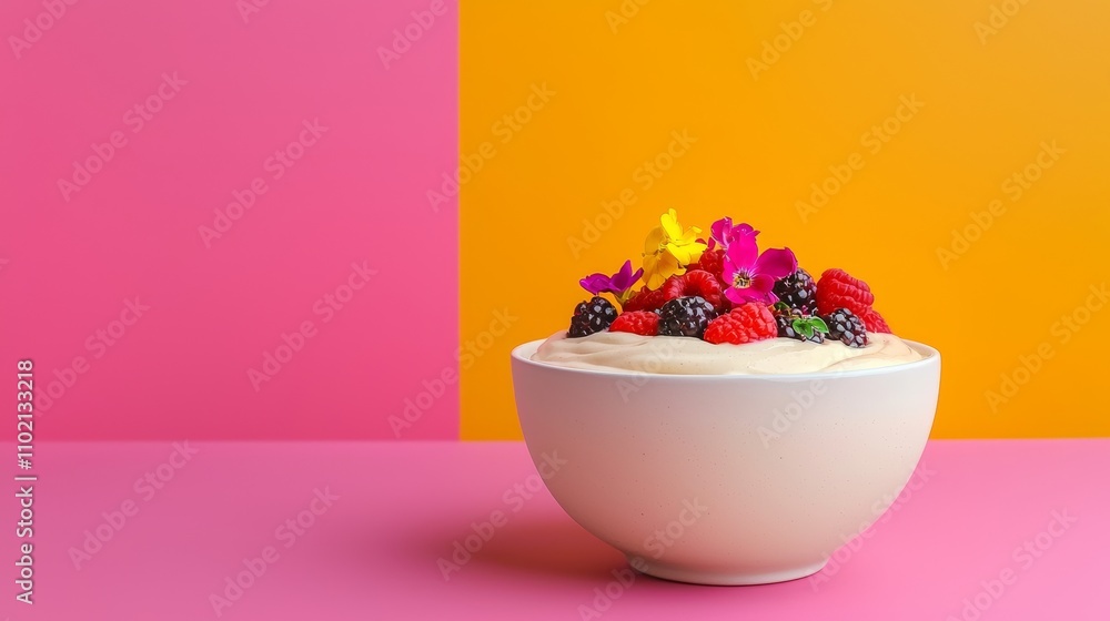 Fresh and Colorful Yogurt Bowl Topped with Berries and Edible Flowers Against a Vibrant Pink and Yellow Background for a Refreshing Summer Treat Fresh and Colorful Yogurt Bowl Topped with Berries and Edible Flowers Against a Vibrant Pink and Yellow Background for a Refreshing Summer Treat