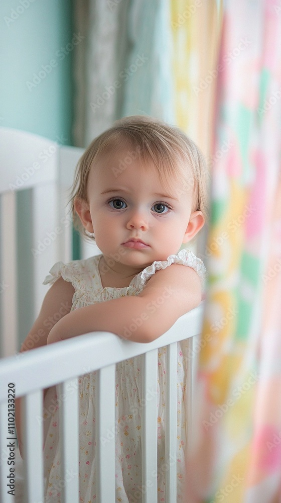 Innocent eyes gaze softly from a white crib, framed by pastel curtains. A tender moment of childhood captured in soft focus, evoking warmth and nostalgia. Innocent eyes gaze softly from a white crib, framed by pastel curtains. A tender moment of childhood captured in soft focus, evoking warmth and nostalgia.