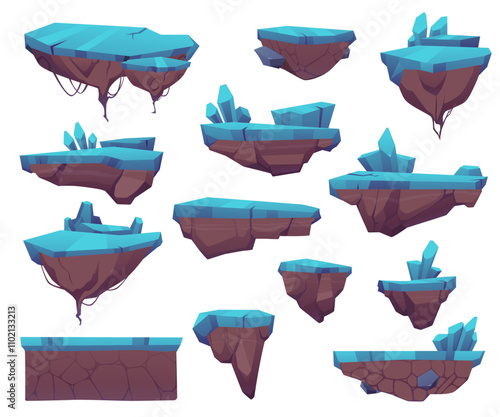Vector set of illustrations of floating stone ice platforms with crystals.