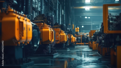 Stationary Industrial Generator in a Manufacturing Facility: Early Morning Soft Lighting, Ground-Level Perspective, Complex Machinery Background, Ultra-Sharp Documentation Style.