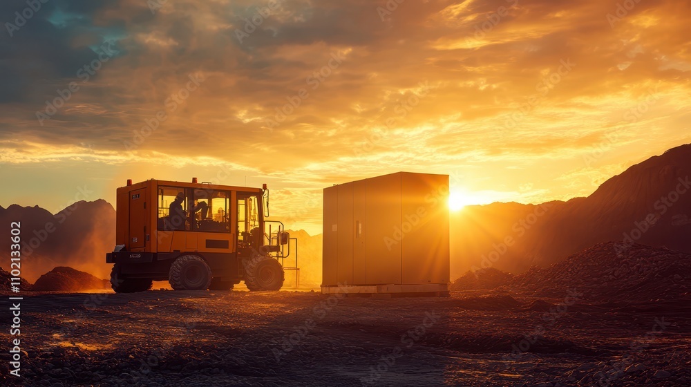 Ultra-detailed diesel generator loading at a remote construction site: Golden hour lighting creates dramatic shadows against rugged terrain, showcasing industrial equipment. Professional photography. Ultra-detailed diesel generator loading at a remote construction site: Golden hour lighting creates dramatic shadows against rugged terrain, showcasing industrial equipment. Professional photography.