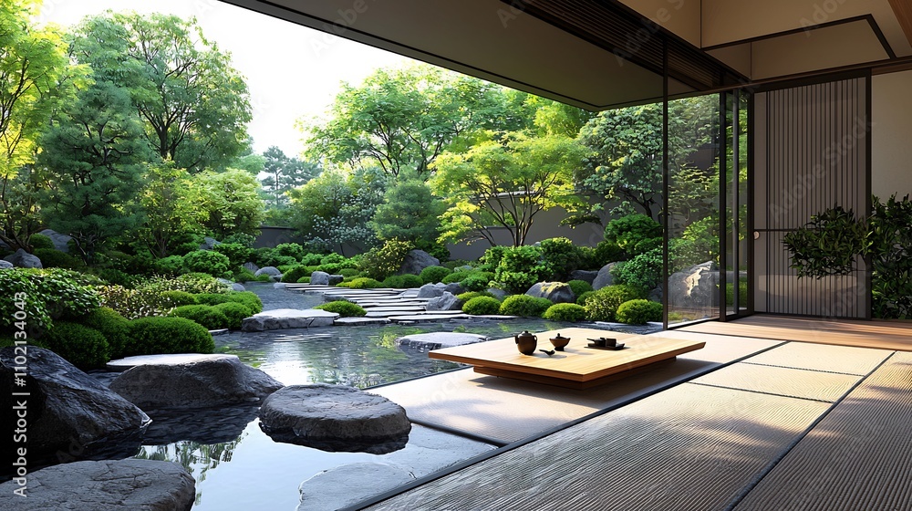 Serene Japanese Tea Room with Tranquil Garden Landscape and Tatami Flooring Serene Japanese Tea Room with Tranquil Garden Landscape and Tatami Flooring