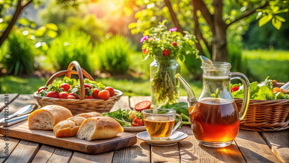 Outdoor Dining Setup with Fresh Food and Beverages Outdoor Dining Setup with Fresh Food and Beverages