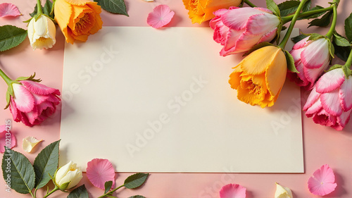 Wallpaper Mural Floral border with tulips and roses on pink background with blank card for copy space Torontodigital.ca