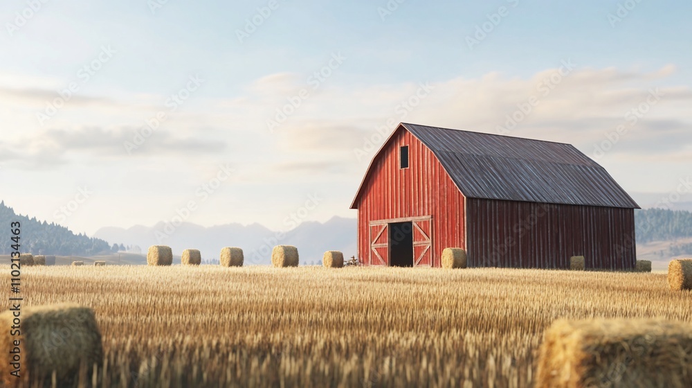 Red barn in a harvested field at sunrise. Red barn in a harvested field at sunrise.