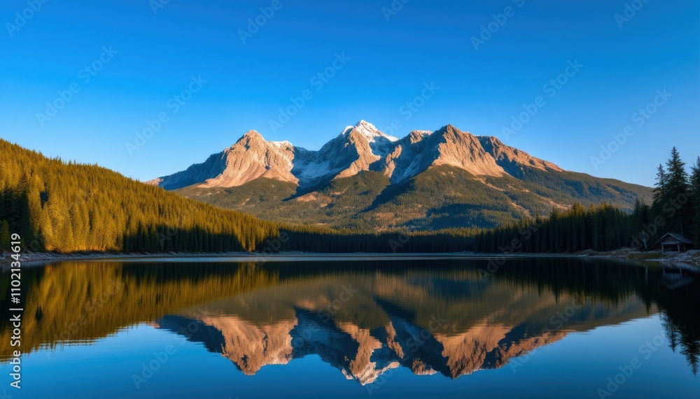 Fototapeta premium Majestic mountains reflected in a calm lake at sunrise.
