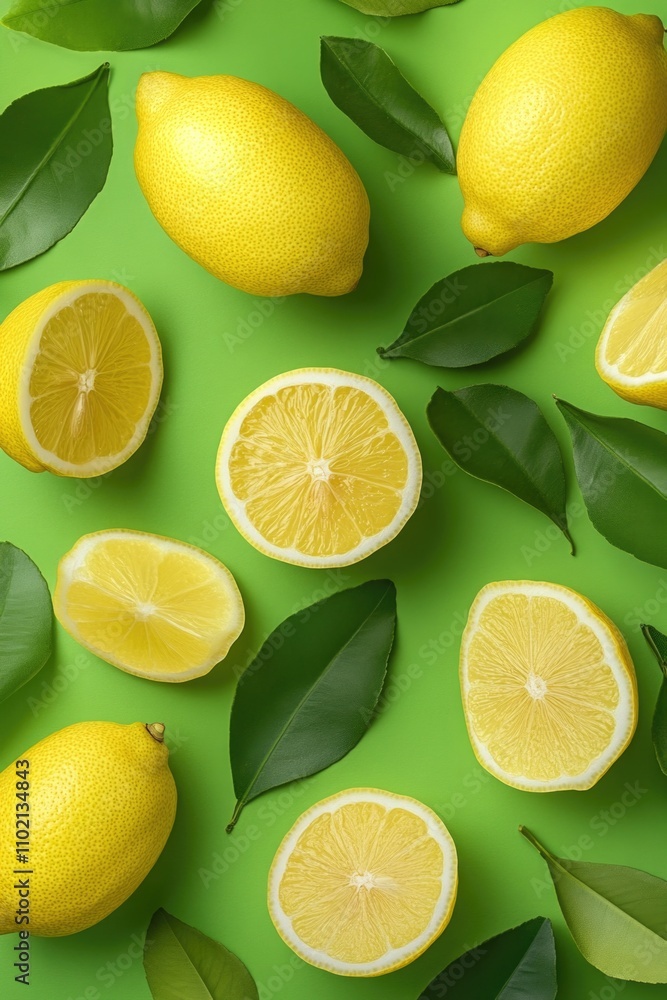 Fototapeta premium Lemons with Leaves on Green Surface