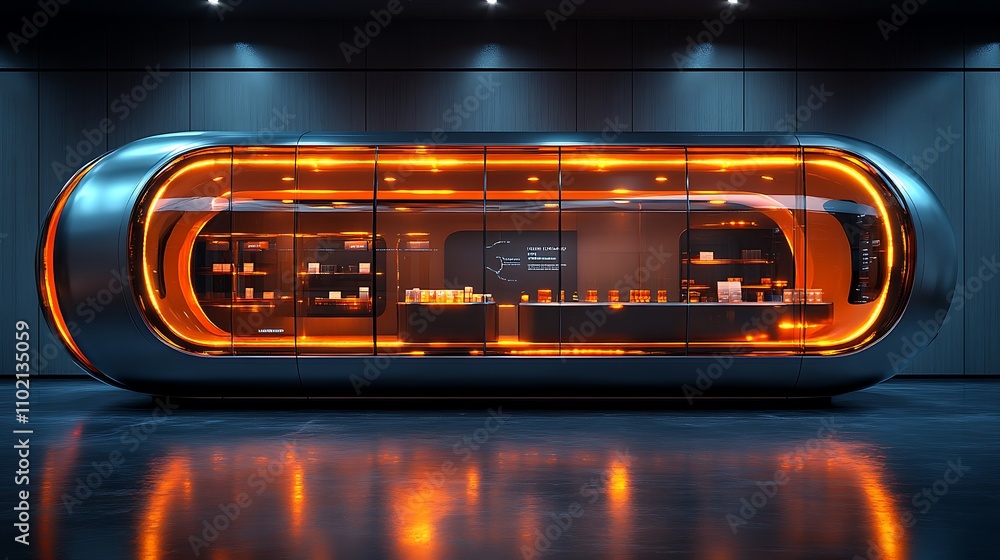 Obraz premium Futuristic retail kiosk with orange lighting, sleek design, and product display.