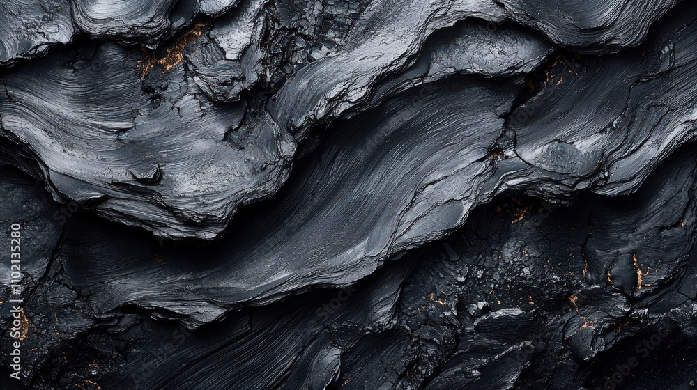 Abstract texture of dark volcanic rock with wave-like patterns and natural shadows