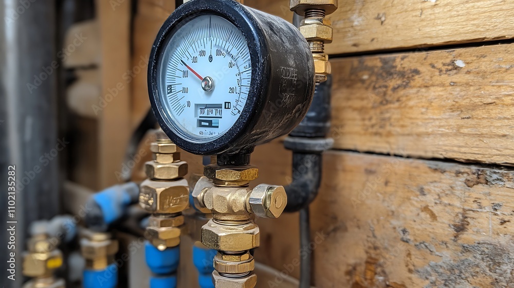 Close-up of a water pressure gauge and valves mounted on a wooden wall. Close-up of a water pressure gauge and valves mounted on a wooden wall.