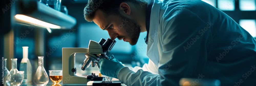 Scientist Examining Samples Under Microscope - A focused scientist meticulously examines samples under a microscope in a modern laboratory setting. Research, discovery, science, technology, analysis. Scientist Examining Samples Under Microscope - A focused scientist meticulously examines samples under a microscope in a modern laboratory setting. Research, discovery, science, technology, analysis.