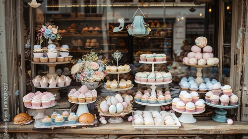 Wallpaper Mural Charming bakery window showcasing easter themed pastries with pastel cakes and cupcakes displayed Torontodigital.ca
