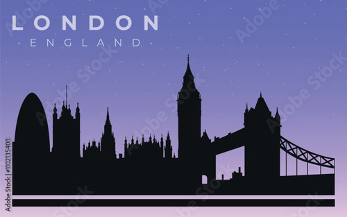 Black silhouette of the skyline of London. Vector on the background of the night starry sky.