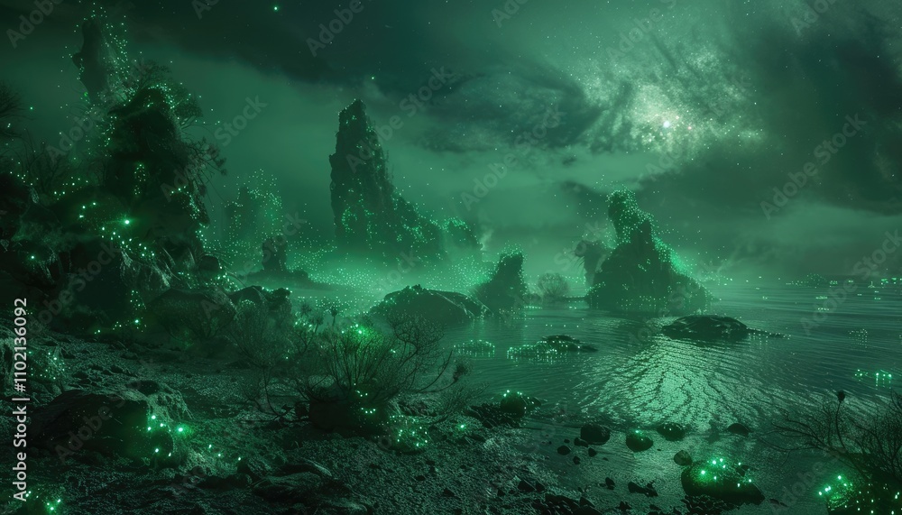 Fototapeta premium Glowing Rock Formations and Stars in a Night Sky Over a Tranquil Body of Water