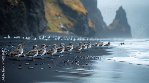 A group of seabirds resting on the black sand with jagged cliffs in the background