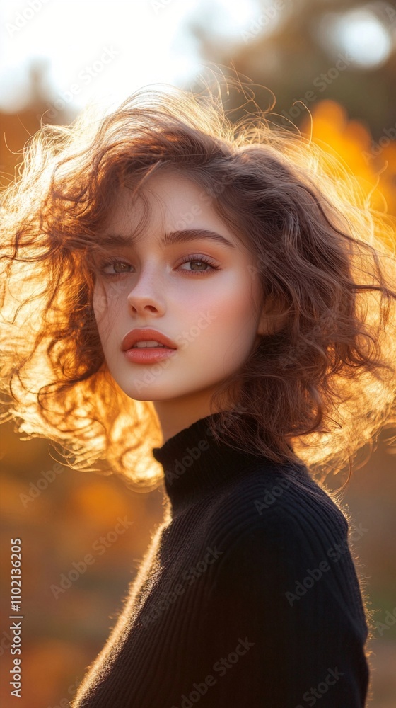 Naklejka premium Ethereal beauty captured in golden hour light: a young woman with windswept curls and luminous skin gazes pensively, her features softly illuminated against a warm, blurred backdrop.