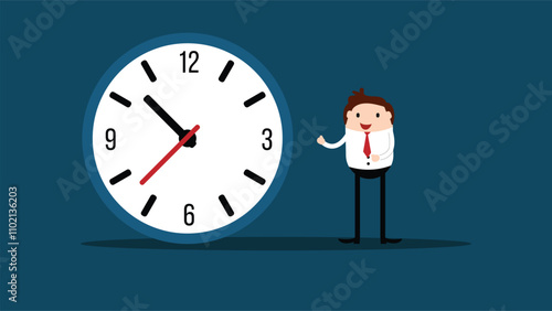 Happy Businessman Showing Time on Clock Flat Style. Managing business and organizing work day vector art