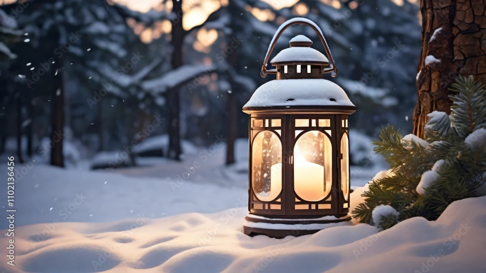 AI GENERATE background, A glowing lantern placed in the snow, surrounded by pine branches and ornaments AI GENERATE background, A glowing lantern placed in the snow, surrounded by pine branches and ornaments