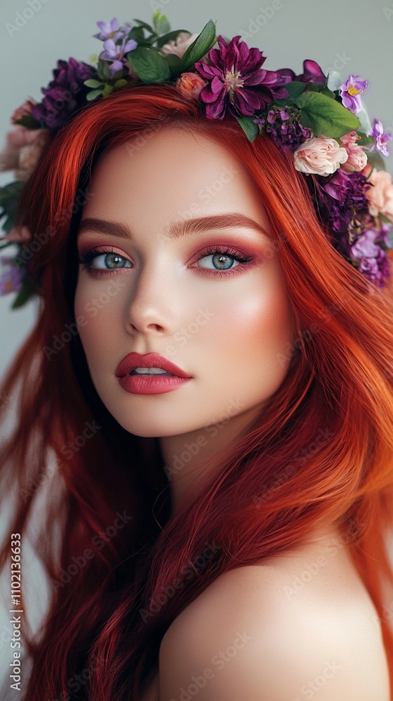 Fototapeta premium Ethereal beauty adorned with vibrant floral crown, fiery red hair cascading, piercing gaze and rosy lips create a mesmerizing portrait of natural elegance and feminine allure.
