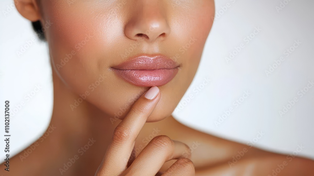 Close-up of a woman's beautiful lips with a soft touch of her finger, showcasing smooth skin texture and a natural, radiant glow in a serene, minimalist setting Close-up of a woman's beautiful lips with a soft touch of her finger, showcasing smooth skin texture and a natural, radiant glow in a serene, minimalist setting