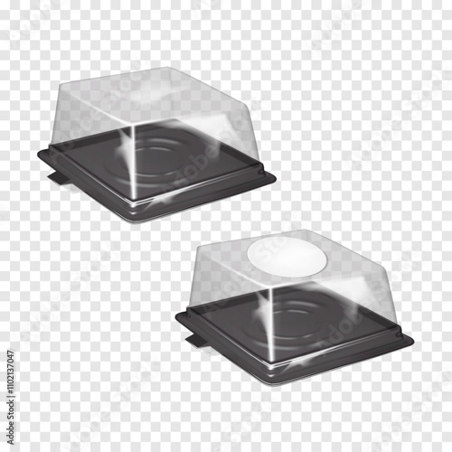 Square plastic cake carrier box with clear dome lid and white blank round label sticker. Realistic 3d vector mockup. Empty transparent two-piece bakery container. Mock-up. Template for design