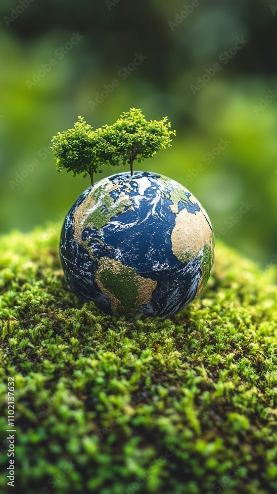 Miniature trees growing on a small Earth globe nestled in lush green moss, symbolizing global environmental conservation and the delicate balance of nature. Miniature trees growing on a small Earth globe nestled in lush green moss, symbolizing global environmental conservation and the delicate balance of nature.