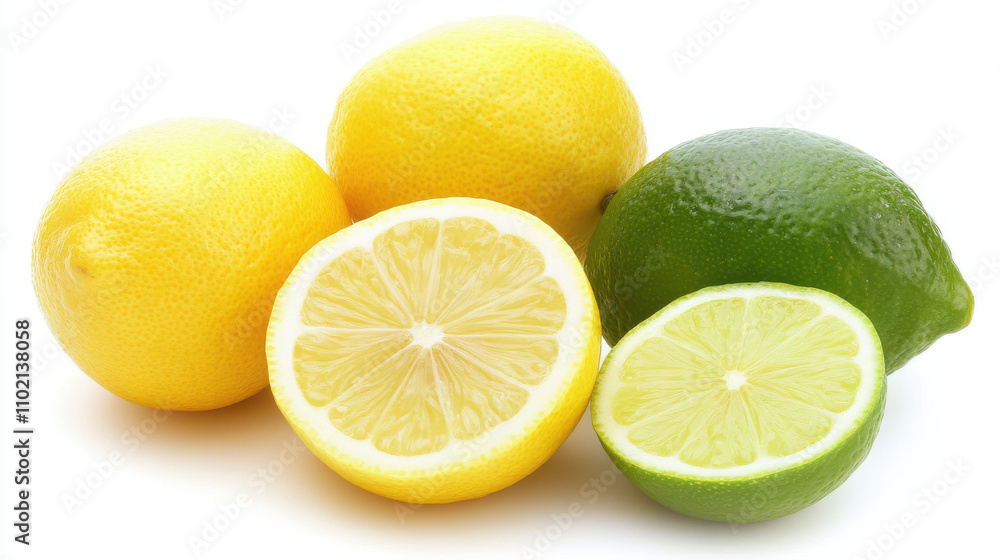 Fresh yellow lemons and green limes, sliced and whole, vibrant colors Fresh yellow lemons and green limes, sliced and whole, vibrant colors