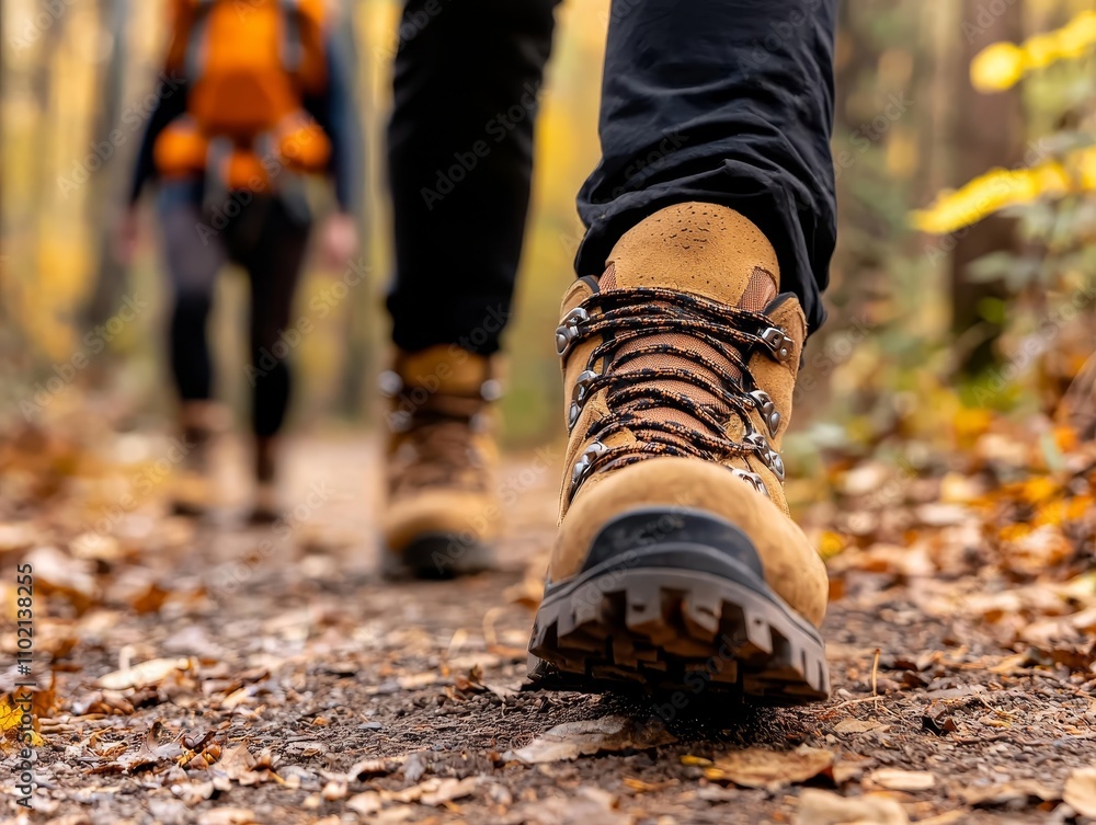 Serene Autumn Hike Closeup Tan Hiking Boot on Forest Trail, Nature Adventure Concept Serene Autumn Hike Closeup Tan Hiking Boot on Forest Trail, Nature Adventure Concept