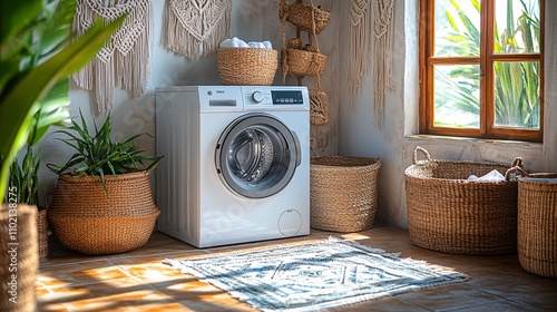 Boho-Themed Laundry Room with Washing Machine