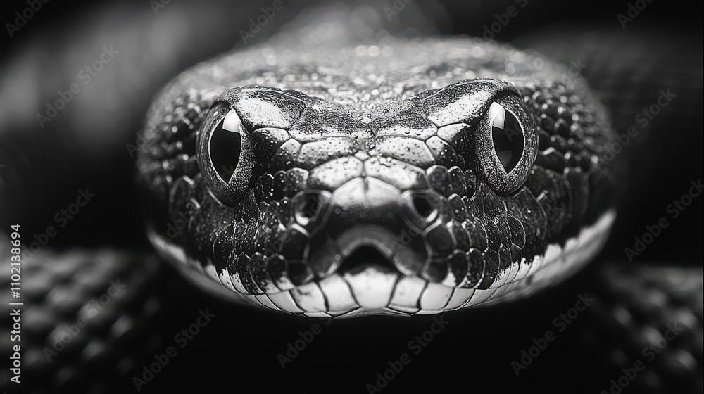 Fototapeta premium Black and white close-up of snake's intense stare in dramatic lighting