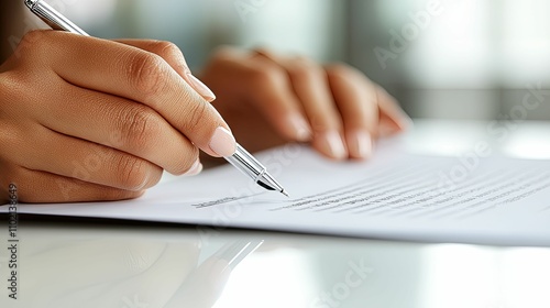 Woman signing important document with pen