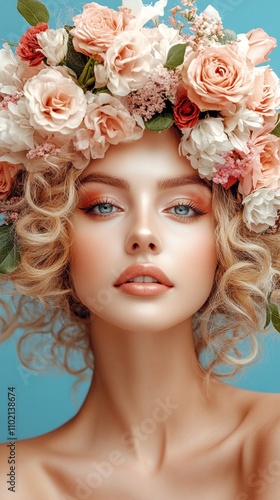 Ethereal beauty adorned with a lush floral crown of pastel roses and delicate blooms, set against a serene turquoise background, exuding springtime elegance.