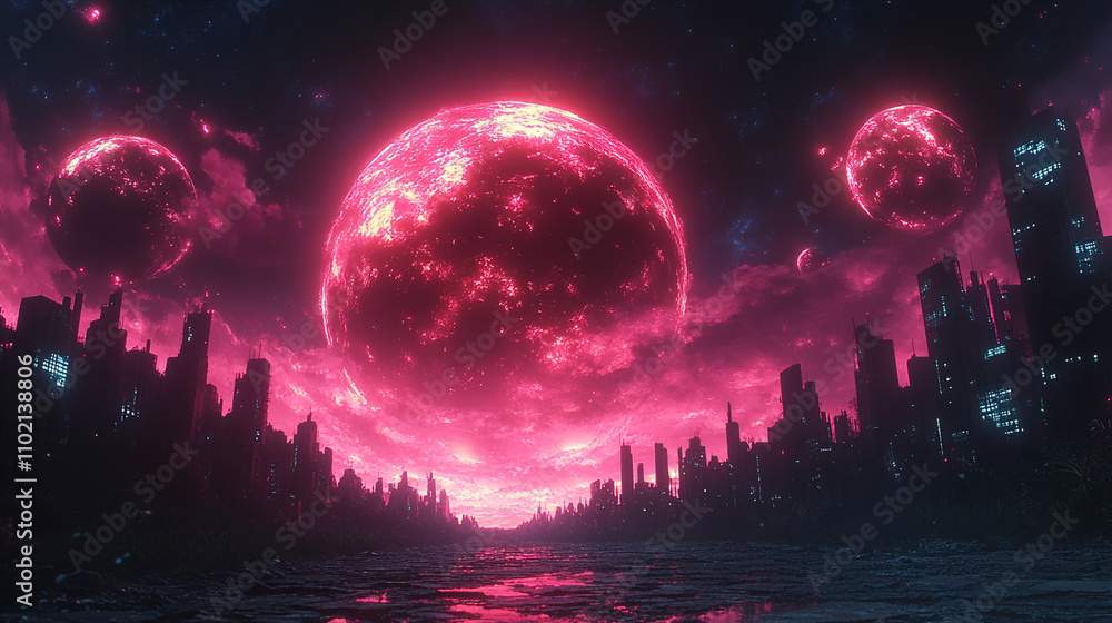 Vibrant pink celestial bodies illuminate a futuristic skyline at night over a tranquil water surface. Generative AI Vibrant pink celestial bodies illuminate a futuristic skyline at night over a tranquil water surface. Generative AI