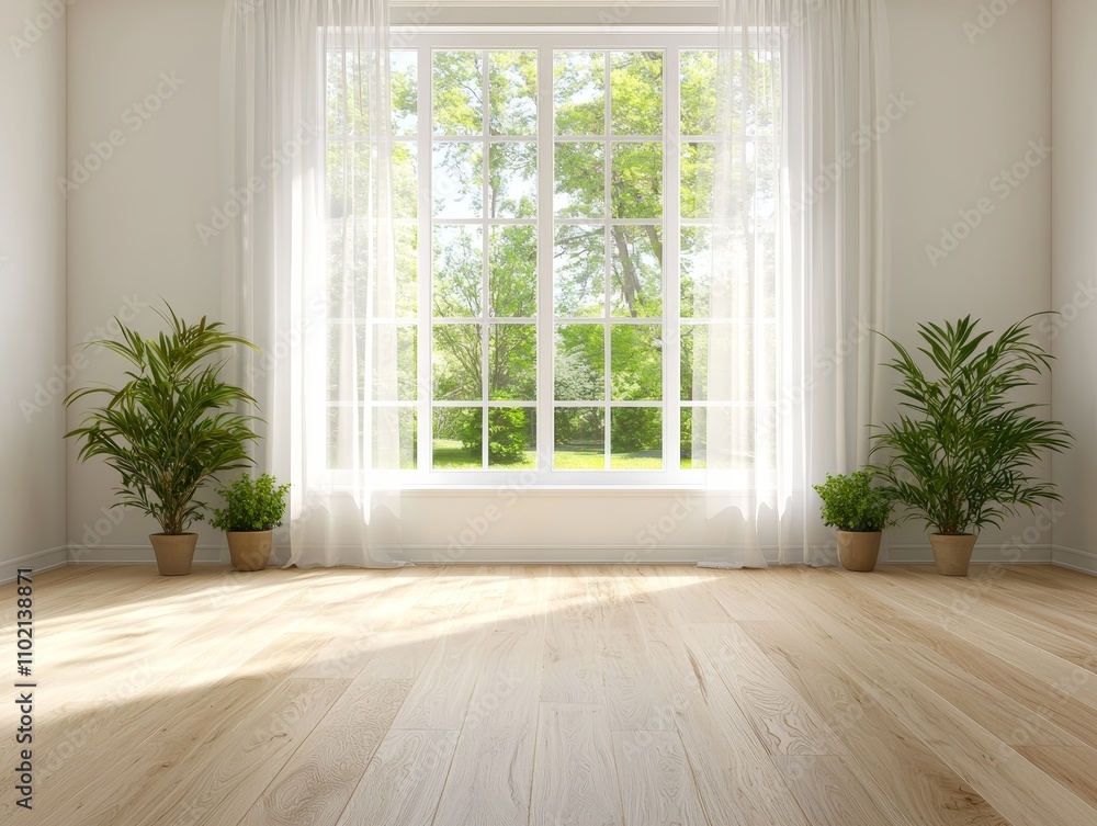 Serene Minimalist Interior with Sunlit Window, Green Plants, and Symmetrical Composition - Modern Relaxing Home Design Concept Serene Minimalist Interior with Sunlit Window, Green Plants, and Symmetrical Composition - Modern Relaxing Home Design Concept