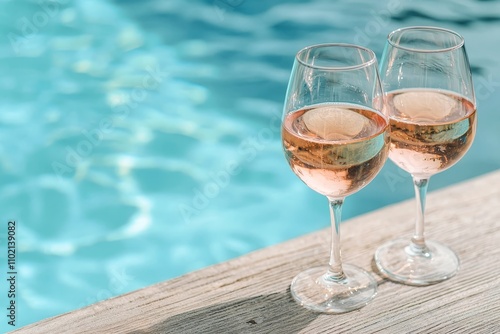 Serene Poolside Luxury Closeup Rose Wine Glasses on Wood with Turquoise Pool Background - Relaxing Summertime Concept