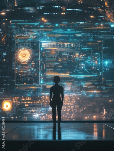 Silhouette Before Glowing Futuristic Cityscape - A lone figure contemplates a vibrant, futuristic cityscape bursting with technological information and glowing energy. Concepts: Future, technology, s