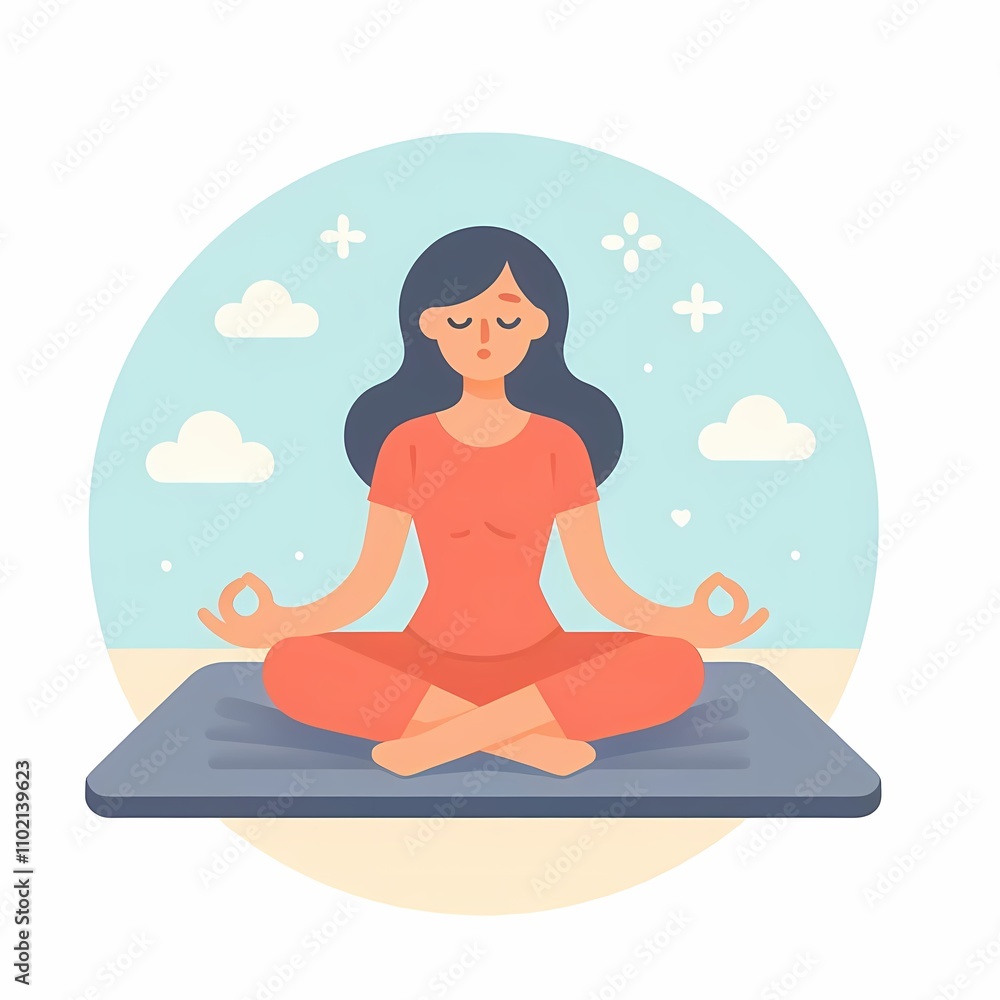 Minimalistic flat style illustration of a woman practicing meditation on a mat, set against a clean white background. Perfect for wellness, mindfulness, and relaxation-themed designs. Minimalistic flat style illustration of a woman practicing meditation on a mat, set against a clean white background. Perfect for wellness, mindfulness, and relaxation-themed designs.