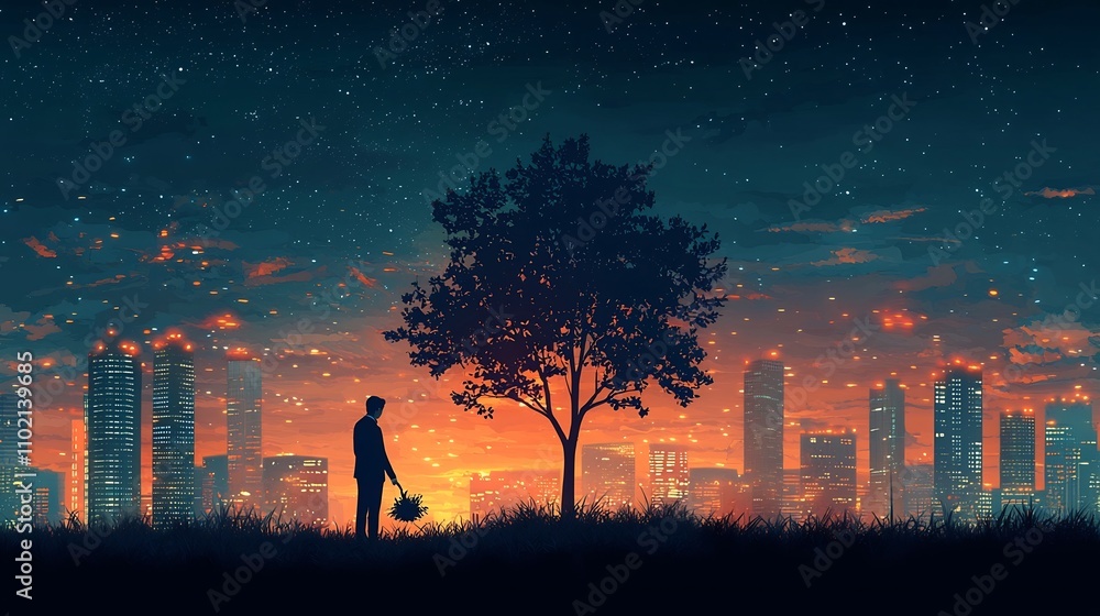 Naklejka premium Businessman Planting Tree in City Park with Skyscraper Branches Symbolizing Business Expansion