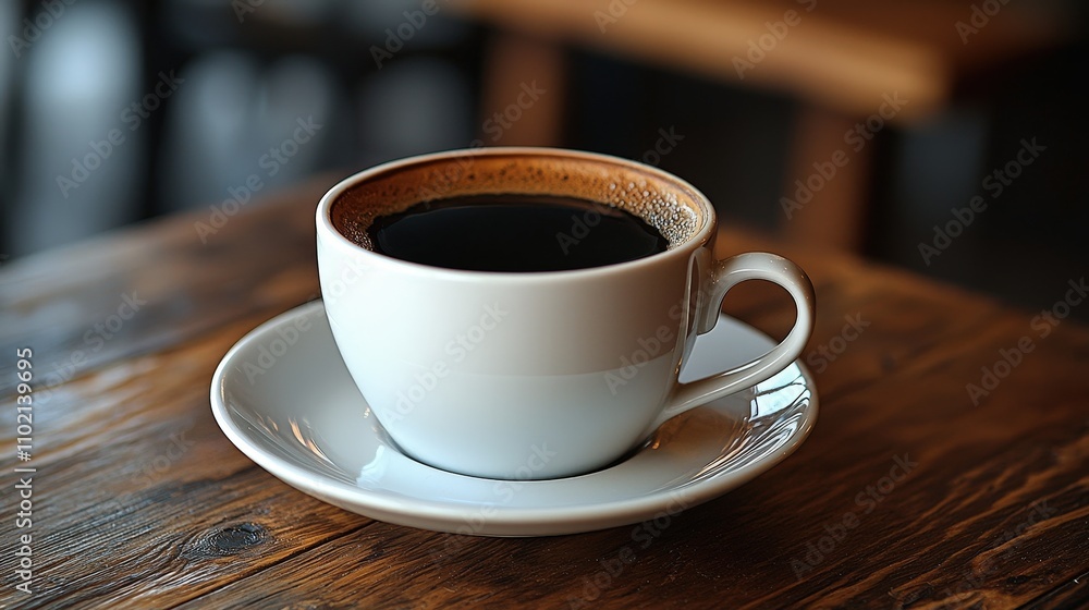 White ceramic coffee cup filled with dark espresso on rustic wooden table White ceramic coffee cup filled with dark espresso on rustic wooden table