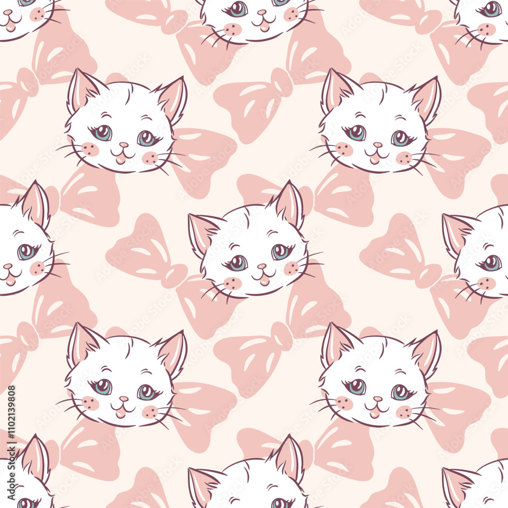 Cute hand drawn cat faces on pink background, kitten pattern Cute hand drawn cat faces on pink background, kitten pattern