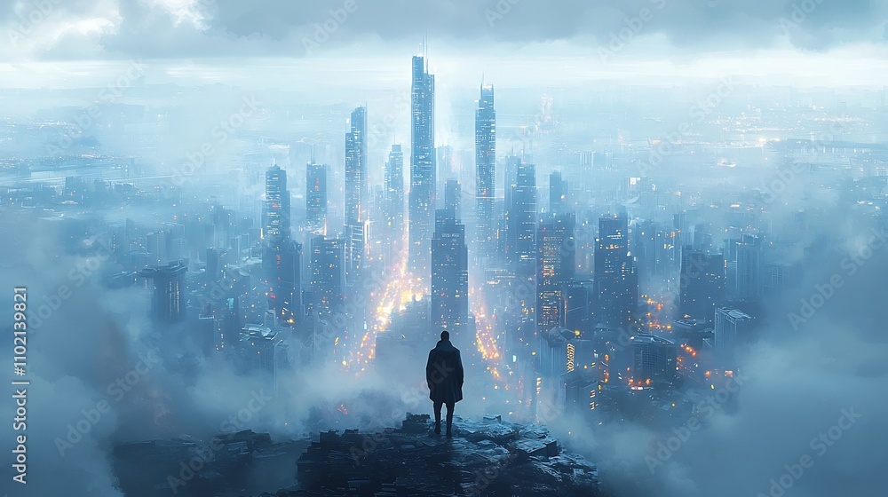 Businessman Piloting Drone over Innovative Digital Cityscape Symbolizing Corporate Expansion Businessman Piloting Drone over Innovative Digital Cityscape Symbolizing Corporate Expansion