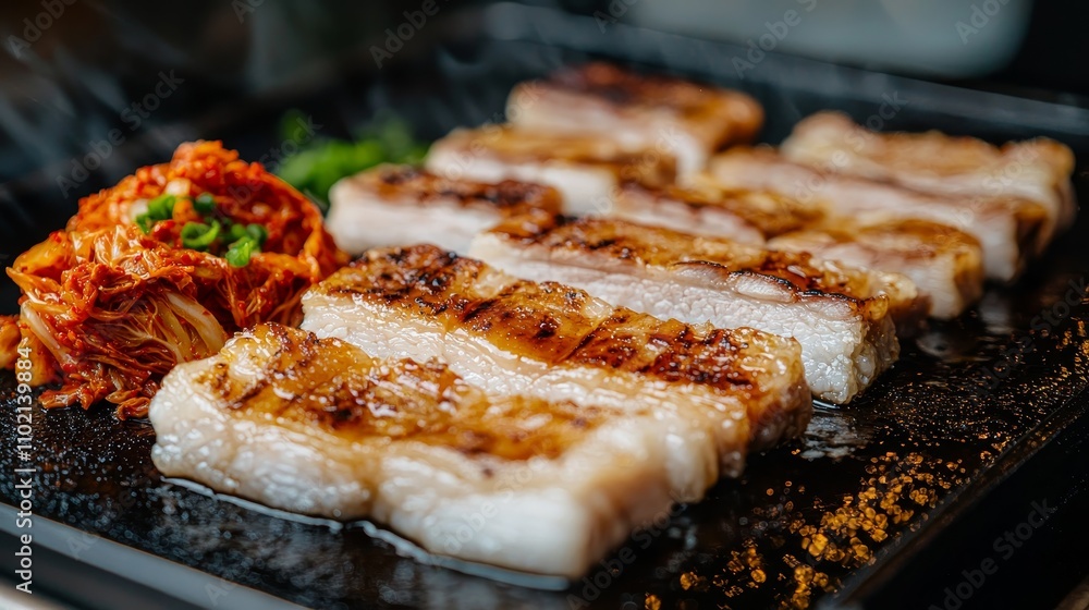 Sizzling Korean BBQ Delight Closeup of Grilled Pork Belly and Kimchi on Dark Platter, Steam Rising - Appetizing Culinary Scene for Menus, Food Blogs, and Advertising Sizzling Korean BBQ Delight Closeup of Grilled Pork Belly and Kimchi on Dark Platter, Steam Rising - Appetizing Culinary Scene for Menus, Food Blogs, and Advertising