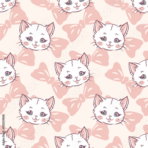 Cute hand drawn cat faces on pink background, kitten pattern