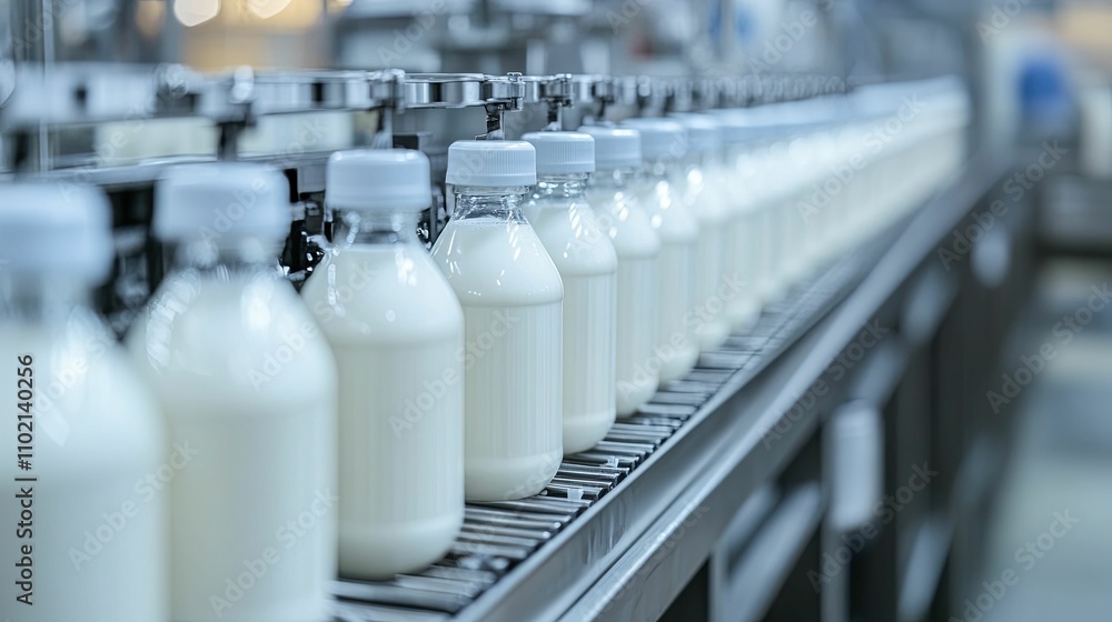 Milk bottles moving along a factory conveyor belt Milk bottles moving along a factory conveyor belt