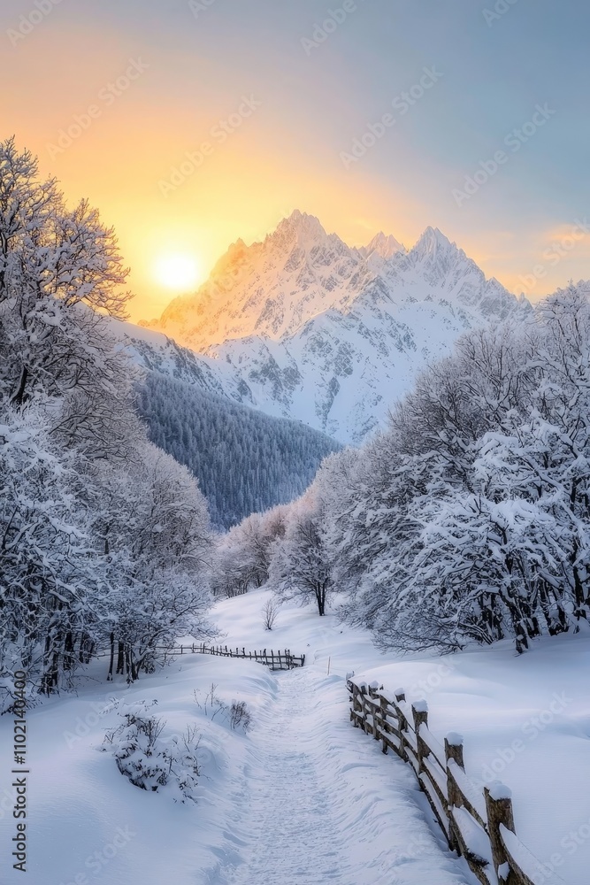 Fototapeta premium Snow-Covered Path Leading to Majestic Mountain Range Winter Wonderland Landscape at Sunset