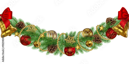 christmas seamless border with pine branches and decorations. christmas garland with gold bells and ornaments