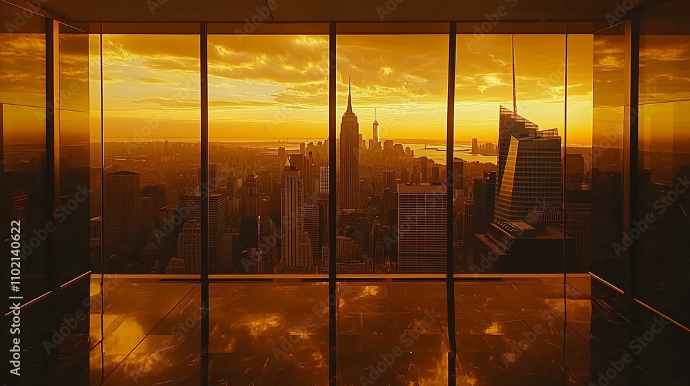Golden Hour Manhattan Skyline Viewed From High Rise Window Golden Hour Manhattan Skyline Viewed From High Rise Window